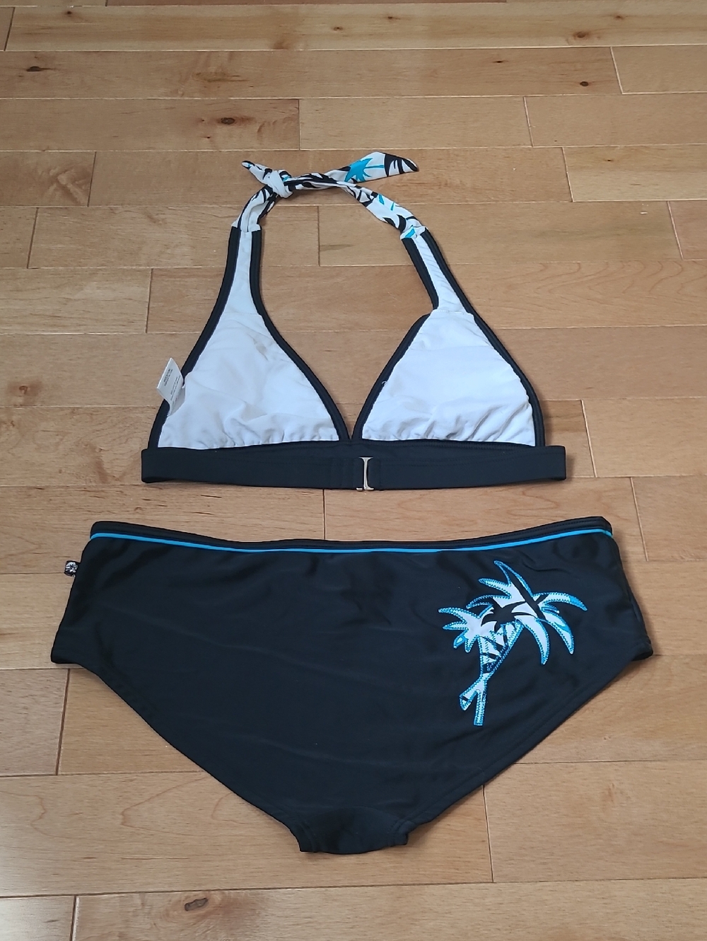 Aqua Bikini Black Blue Tropical Palm Trees Top Sz Medium Bottoms Size Large 2pc - Picture 10 of 10